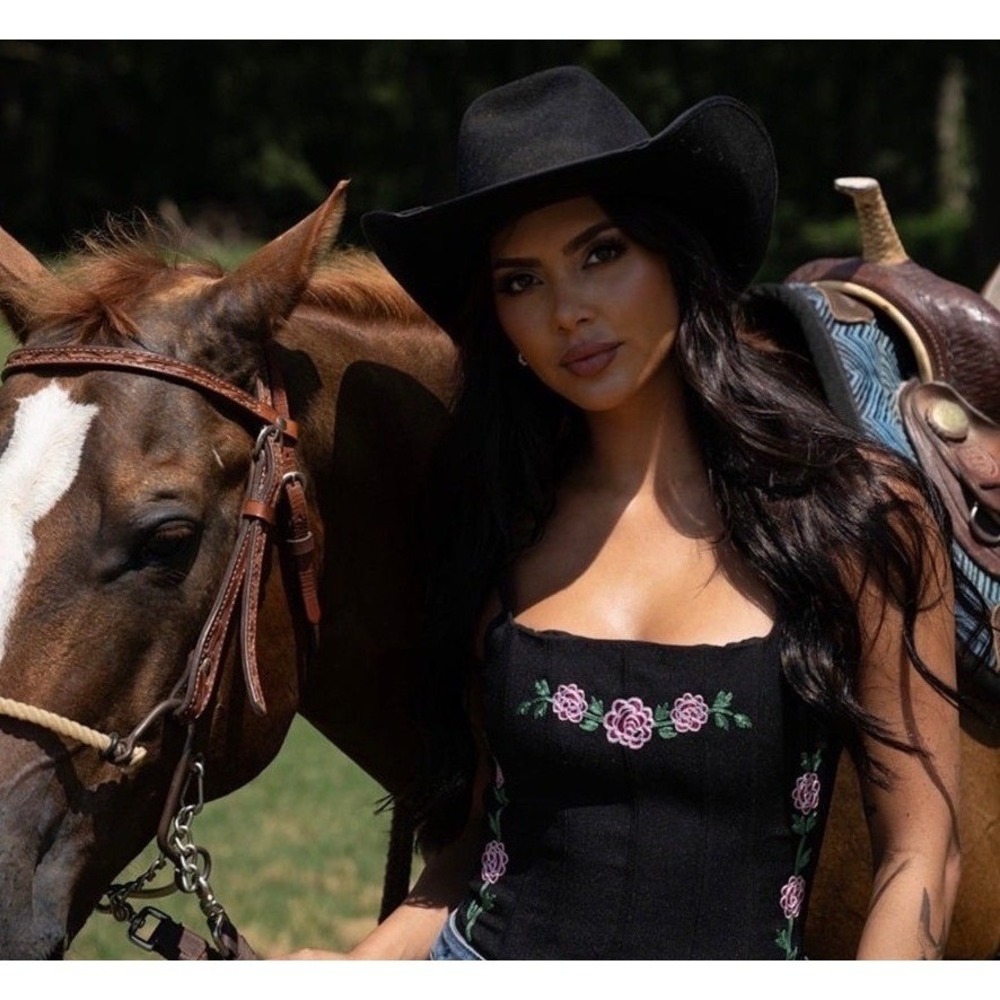 H Bar C Ranchwear Canterbury Corset Top Black Floral Embroidered Boned M New